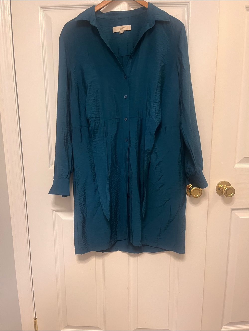 LOFT Teal Textured Tie-Front Long Sleeve Dress 6 - Picture 10 of 15